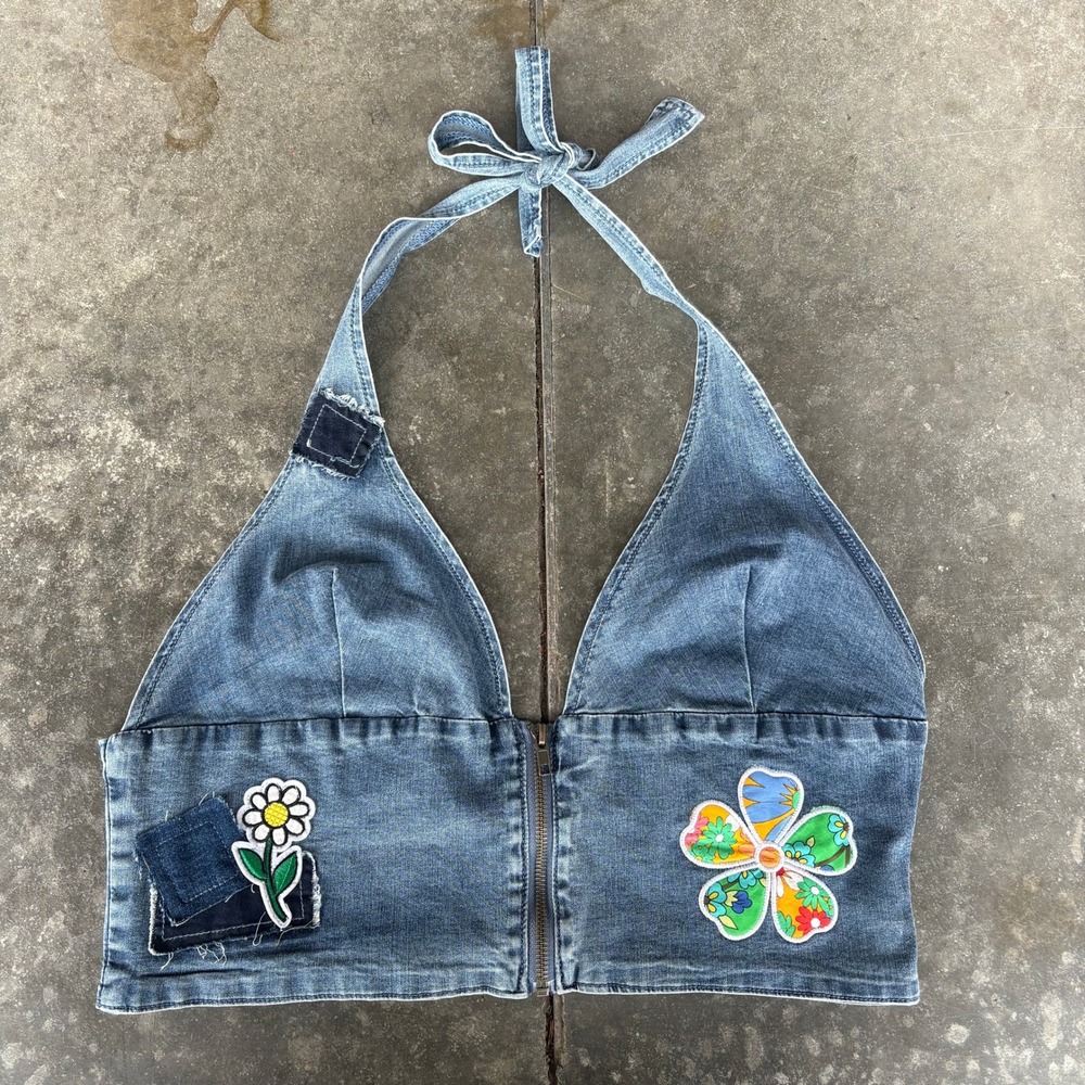 Dolls Kill Current Mood Lift Your Spirits Halter Top Women's XL Blue Denim